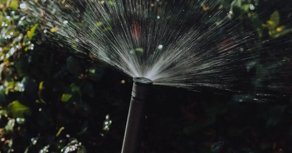 Detailed image of a garden sprinkler in action, watering green shrubs.